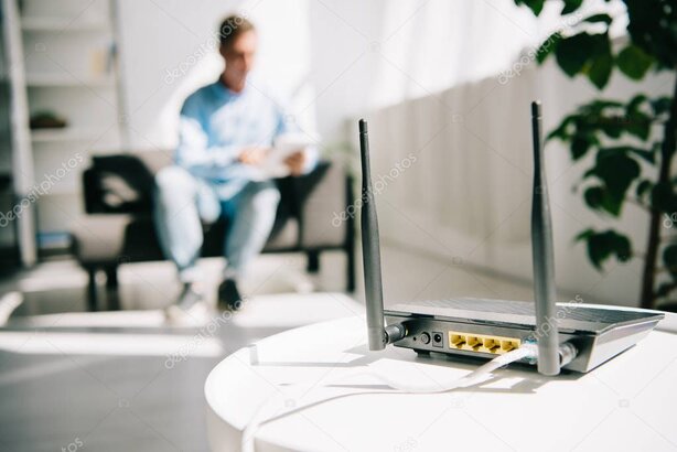 Router WiFi con luci di stato e icona segnale debole